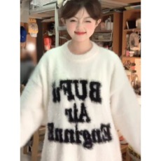 批发美式复古马海毛字母圆领毛衣男女慵懒风高级感潮情侣装针织衫外套