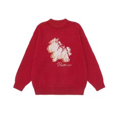 批发红色毛衣男款秋冬慵懒风美式宽松圆领针织衫情侣毛衣