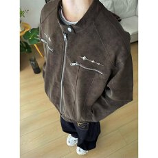 批发美式复古金属装饰PU皮衣男女秋冬哈灵顿立领工装夹克休闲百搭外套