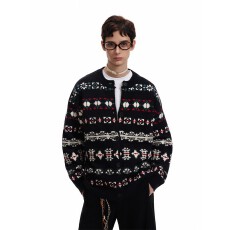 批发美式复古提花圣诞费尔岛毛衣开衫男秋冬季休闲纽扣针织衫外套潮流