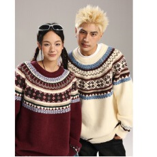 费尔岛复古提花圆领毛衣女秋冬2025新款设计感休闲针织套头外套