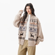 批发2025新款<b class='q'>秋</b>冬复古费尔岛软糯撞色连帽毛衣男女慵懒针织开衫