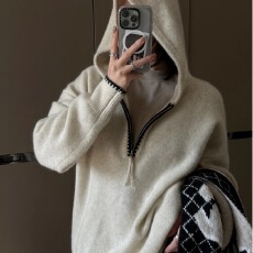 纯色连帽拉链毛衣女慵懒风美式复古潮ins针织衫外套上衣秋