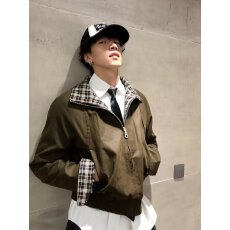 批发假两件复古翻领夹克男春秋高级感美式潮牌痞帅外套休闲宽松棒球服