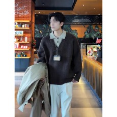 批发翻领长袖毛衣男秋季韩系宽松高级感慵懒风纯色Polo领针织衫