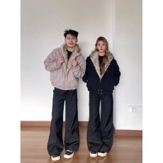 批发美式复古座山雕连帽毛领棉服男冬季重磅帆布宽松加厚毛绒夹克外套