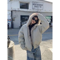 批发2025冬座山雕毛领连帽短款拉链棉服外套男女cleanfit加厚