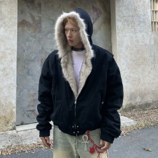 2025冬座山雕毛领连帽短款拉链棉服外套男女cleanfit加厚