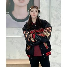 批发美式PU拼接棒球服外套女2025春秋新款宽松设计感刺绣百搭<b class='q'>夹克</b>上衣