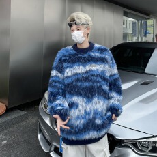 慵懒风软糯马海毛针织衫毛衣男女情侣秋冬复古圆领宽松外套