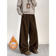 美式棕色灯芯绒裤子男款秋冬加绒宽松大码男裤复古重磅休闲阔腿裤