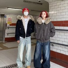 批发2025冬季国潮毛领连帽仿兔毛座山雕棉服cleanfit短宽棉衣派克服