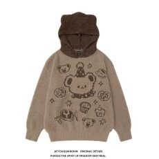 日系复古水貂绒连帽毛衣宽松休闲卡通熊提花套头针织衫