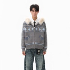 2025冬季国潮牌情侣美式大毛领费尔岛加绒毛衣撞色针织衫保暖外套