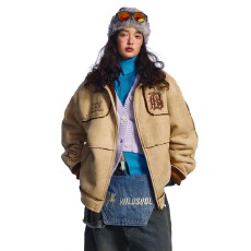 美式复古撞色刺绣麂皮绒棉服冬季防寒保暖情侣羊羔毛棉衣外套