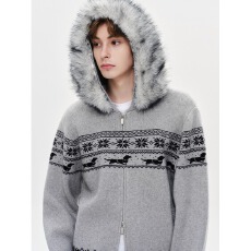 批发美式复古费尔岛提花连帽长袖<b class='q'>毛衣</b>外套女冬季宽松针织衫双拉链上衣