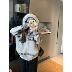 批发美式复古费尔岛提花连帽长袖<b class='q'>毛衣</b>外套女冬季宽松针织衫双拉链上衣