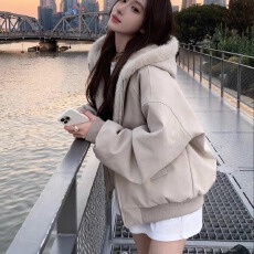 美式复古座山雕短款连帽毛领棉服秋冬新款毛绒绒派克服棉衣外套