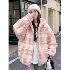 批发美式学院风羊羔毛格子连帽外套女学生夹棉情侣宽松韩系加厚夹<b class='q'>棉衣</b>