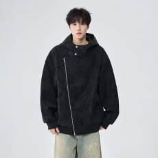 宽松皮衣2025秋季新款大码减龄拉链拼色连帽上衣潮流新款慵懒百搭