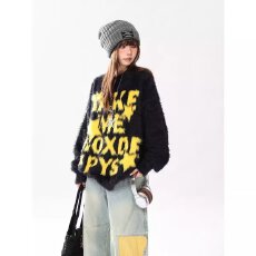 原创美式圆领字母仿貂绒毛衣秋冬情侣款宽松复古慵懒风百搭上衣