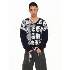 ins新款简约百搭男装春秋新款毛针织衫翻领宽松长袖字母印花慵懒