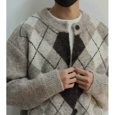秋冬季新款开衫男女圆领菱形拼色针织外套毛衣宽松外套上衣日系
