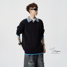 假两件男士毛衣春秋季新款POLO衫休闲宽松潮牌翻领上衣服长袖T恤