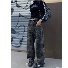 批发美式高街复古小众设计感迷彩牛仔裤男宽松直筒阔腿百搭长裤