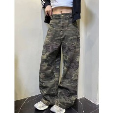 批发美式高街复古小众设计感迷彩牛仔裤男宽松直筒阔腿百搭长裤