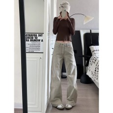 批发美式复古白色微喇牛仔裤春秋款男女宽松休闲垂感高街窄版直筒裤