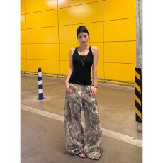 批发秋季美式复古重工树枝纹宽松长裤<b class='q'>男</b>女设计感阔腿工装裤潮