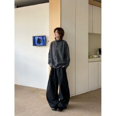 批发秋冬欧美学院风圆领毛衣开衫男高级感羊毛混纺粗针线衫宽松<b class='q'>针织衫</b>