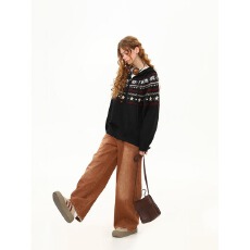 批发新年毛衣费尔岛提花连帽毛衣女秋冬慵懒感针织<b class='q'>开衫</b>上衣潮