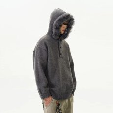 秋冬女士毛衣宽松连帽套头纯色毛线衣青年针织衫高级感外穿