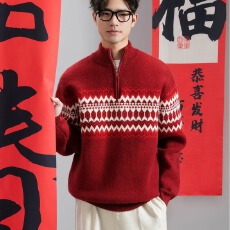 复古半拉链高领毛衣男女费尔岛提花宽松慵懒套头针织上衣