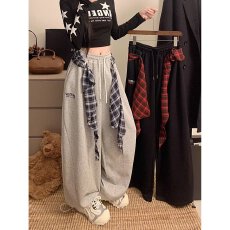 批发2026春夏新款真两件拆卸格子屁帘工装复古牛仔裤宽松显瘦阔腿裤<b class='q'>女</b>