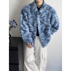 批发2026新品法式复古蓝色夹花针织衫小香风开衫翻领长袖单排扣毛衣女