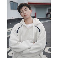 批发复古潮牌撞色拼接开衫连帽卫衣男女<b class='q'>春</b>季新款宽松慵懒开衫外套