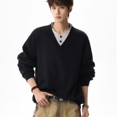 批发美式<b class='q'>潮</b>牌假两件肌理感卫衣男女春季新款复古宽松情侣百搭上衣