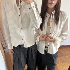 男士藏青色长袖条纹衬衫男春季复古休闲外套宽松上衣男装2026新款