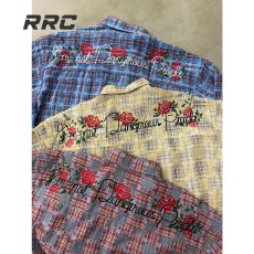 批发春秋季美式复古格子玫瑰刺绣宽松休闲百搭翻领长袖<b class='q'>衬衫</b><b class='q'>情侣</b><b class='q'>外套</b>