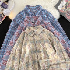 春秋季美式复古格子玫瑰刺绣宽松休闲百搭翻领长袖衬衫情侣外套