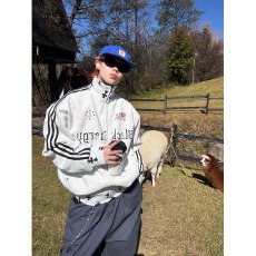 批发美式复古十字架条纹字母立领卫衣女春宽松拉链外套ins潮