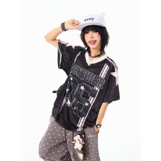 批发美式复古V领星星数字印花拼接短袖球衣夏季男女宽松运动上衣