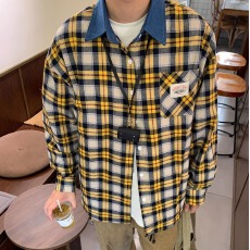 批发美式复古格纹宽松休闲长袖衬衫男女百搭撞色衬衣外套春<b class='q'>秋</b>