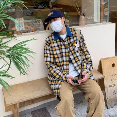 批发美式复古格纹宽松休闲长袖衬衫男女百搭撞色衬衣外套春<b class='q'>秋</b>