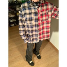 美式复古休闲宽松春秋拼接撞色格子毛边长袖格纹衬衫衬衣男女