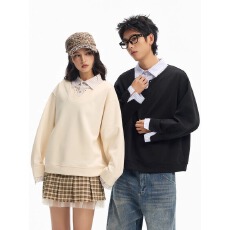 美式复古假两件衬衫领长袖卫衣男女春季新款简约高级感上衣