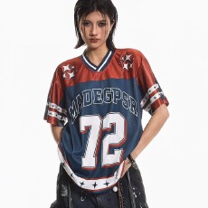 2026美式街头球女小众撞色拼接网面短袖夏季T恤男女橄榄球上衣